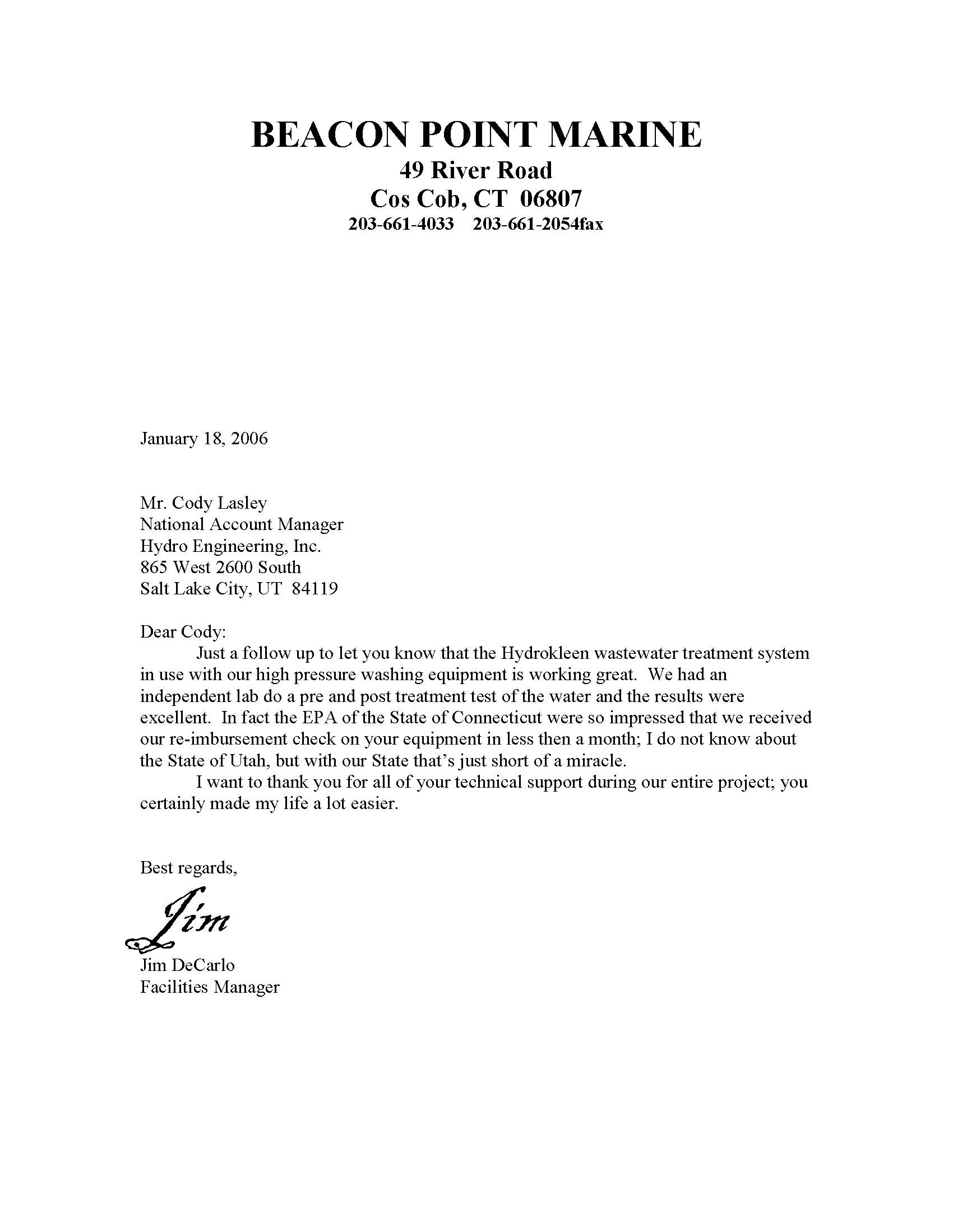 Letter from Beacon Point Marina