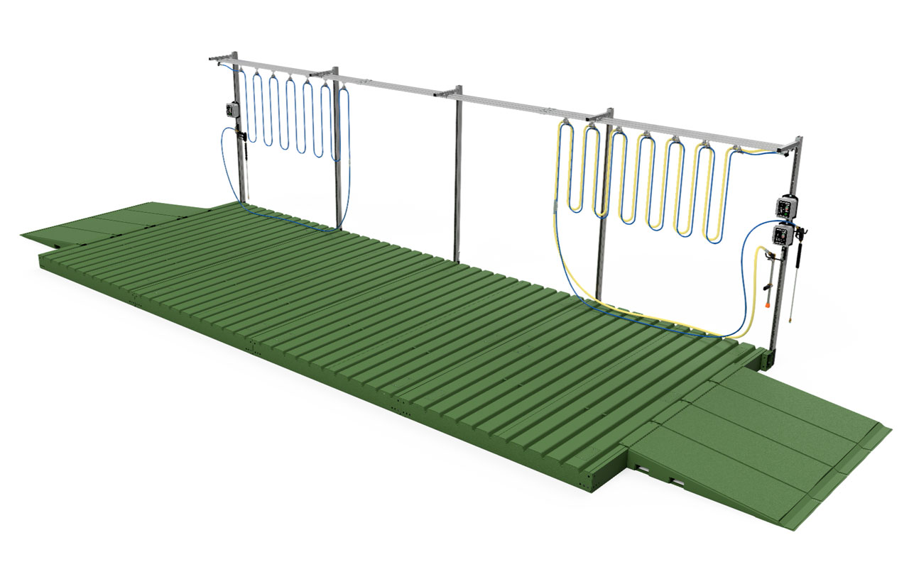 Industrial festoon hose handling system for pressure washer and water cannon hoses
